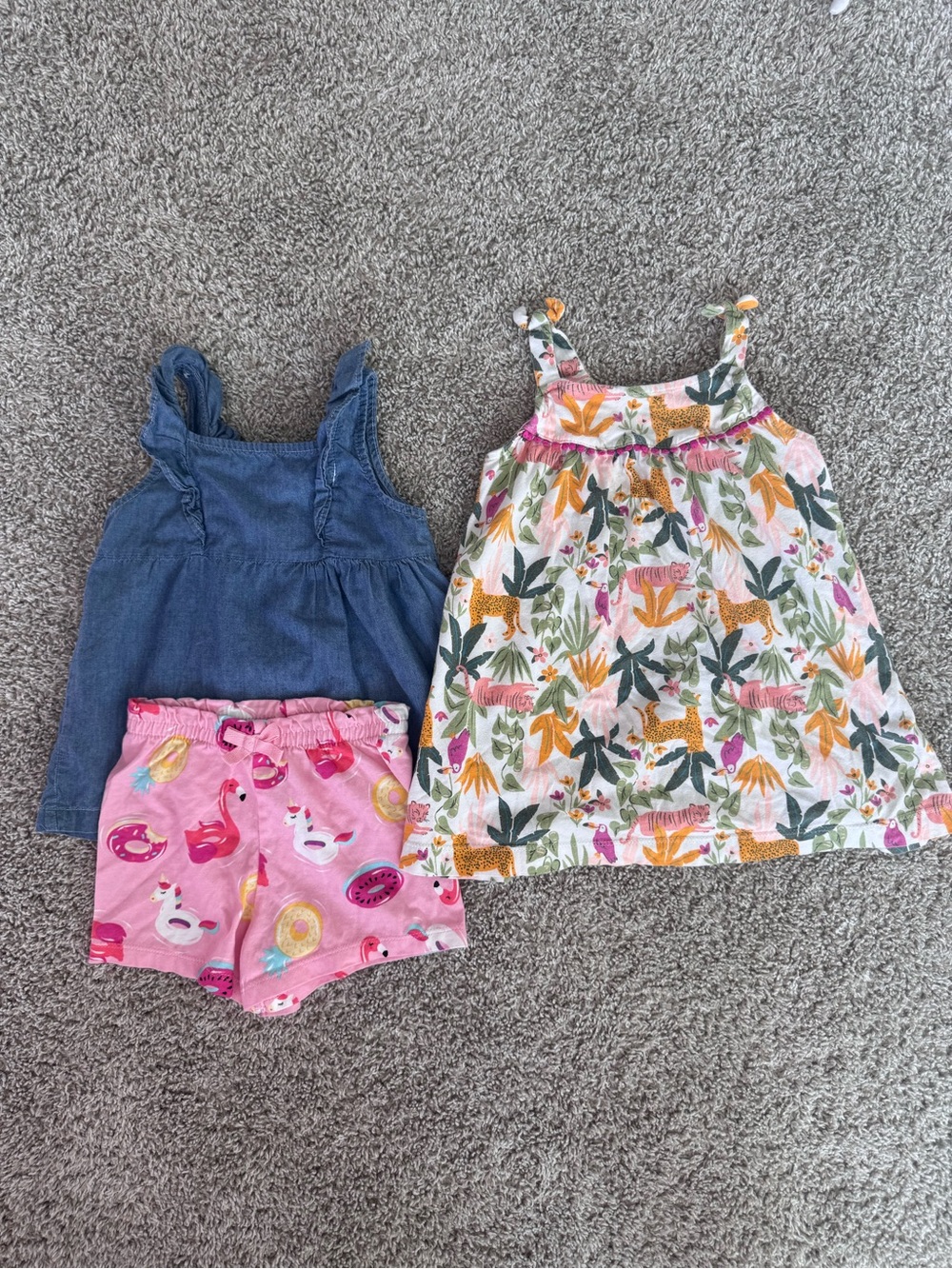 Carter’s Toddler Girl Outfit Bundle 24M Denim Top Jungle Dress Pink Shorts - Picture 2 of 13